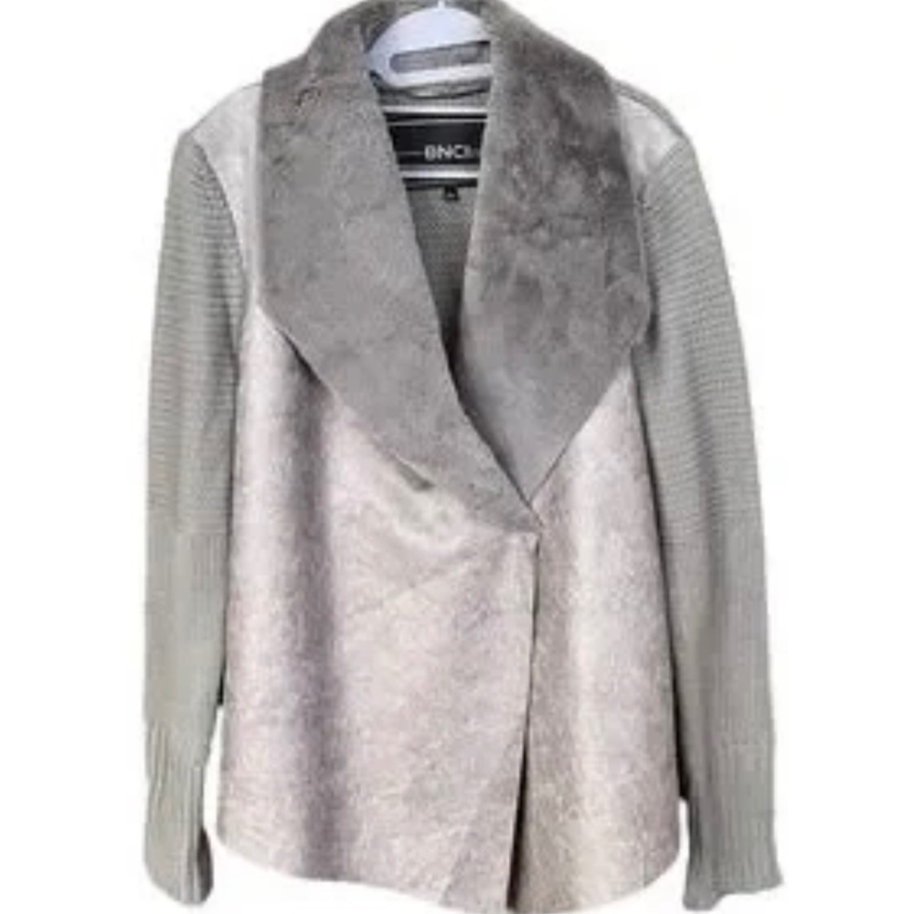 BNCI Faux Fur‎ Collar Drape Front Cardigan Sweater Knit Gray Polyester medium